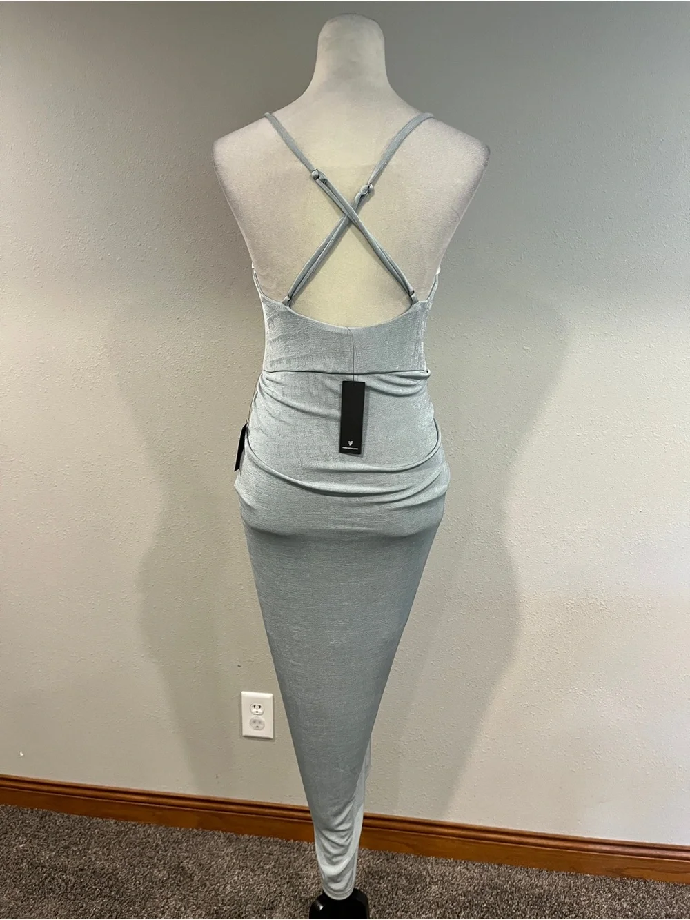 Lulu's Silver stale blue One-Shoulder Draped‎ Midi Dress size small